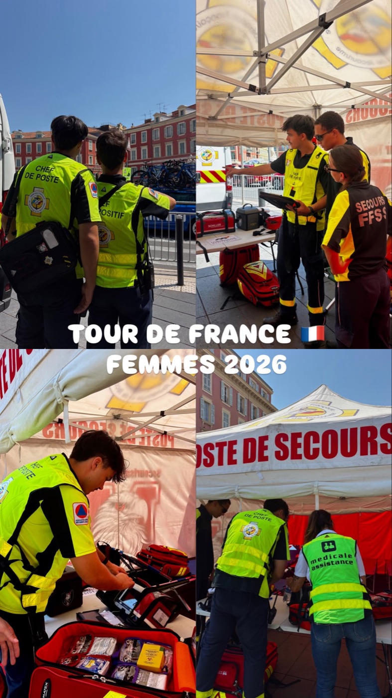 Quatre vues du poste de secours du Tour de France Femmes 2026 à Nice : chefs de poste, préparation du matériel, sacs d'intervention et tente du poste de secours.